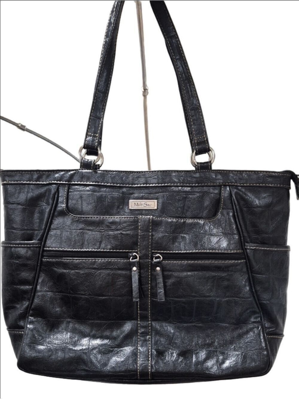 MultiSac Black Faux Crocodile Embossed Shoulder Straps  Bag Zipper Pockets